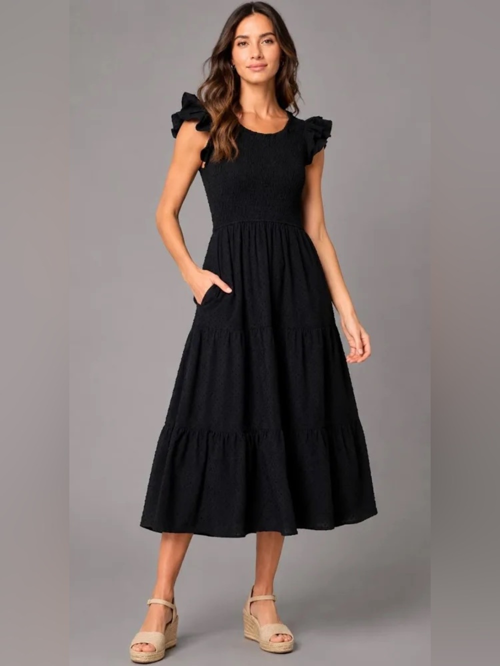 J.Crew Black Clip Dot Smocked Flutter Sleeve Midi Dress Petite XS XSP
